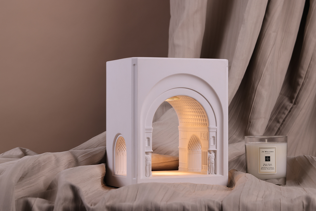 White concrete or plaster material candle warmer lamp Nordic classical style with warm light