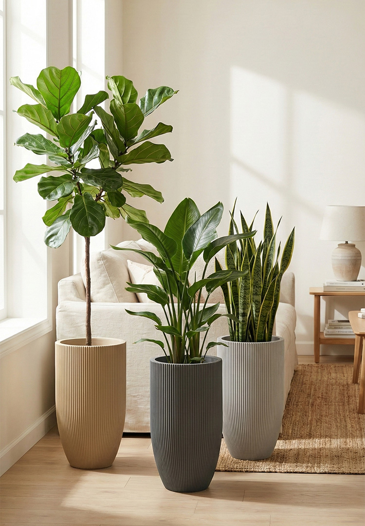 Minimalist column concrete planter enhancing indoor greenery