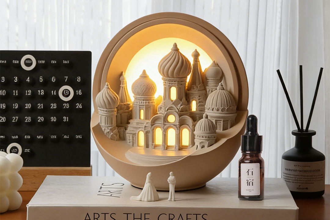 The Islamic architectural style concrete aroma diffuser night light is placed on the table.