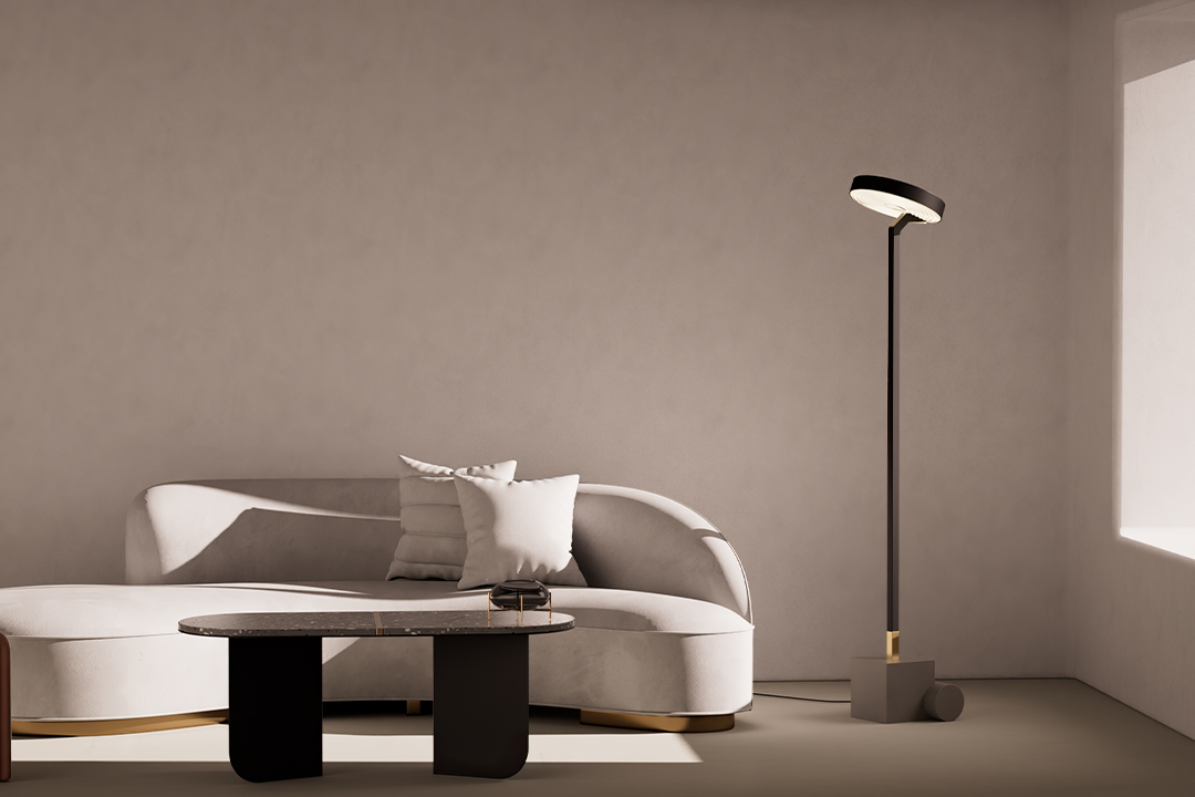 Stylish concrete floor lamp placed in the corner of the living room in modern minimalist interior