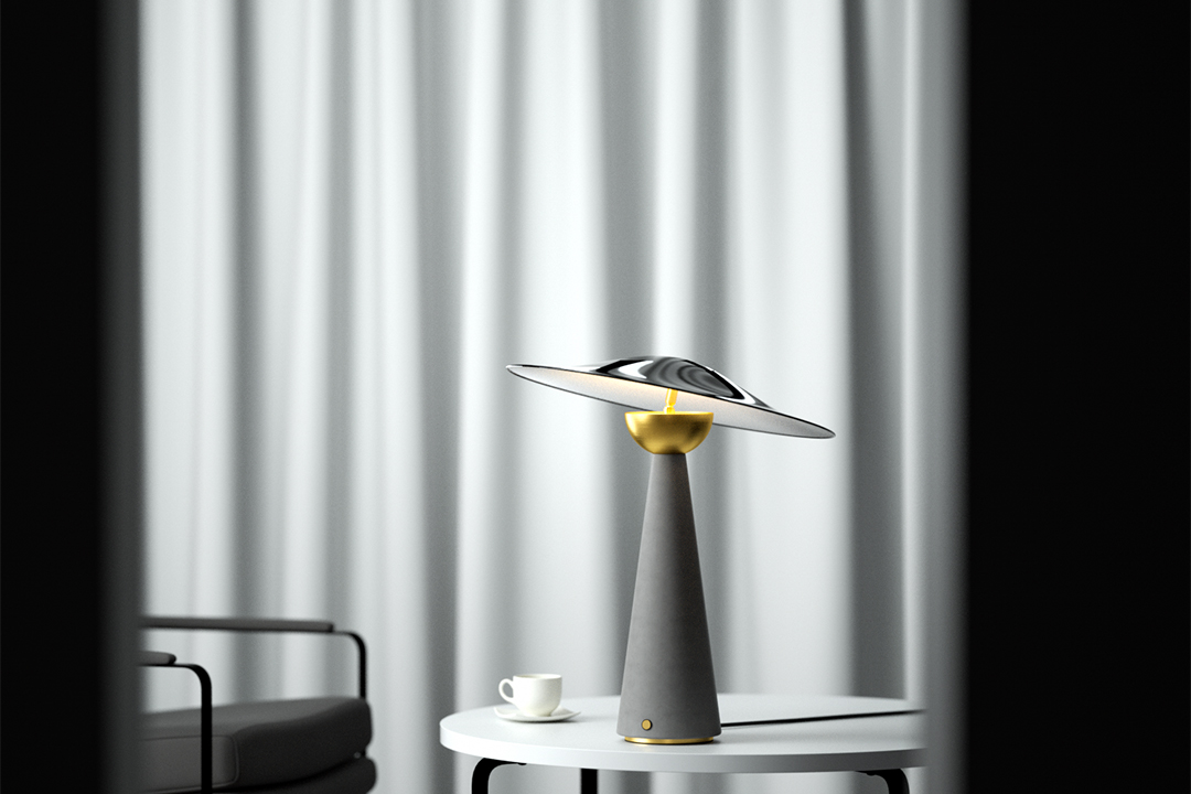 Minimalist concrete table lamp on a bedside table in a hospitality suite, offering human-scale light and tactile presence.