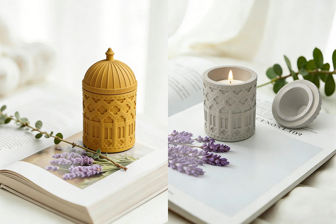 Concrete candle decor placed in a modern home interior with neutral tones